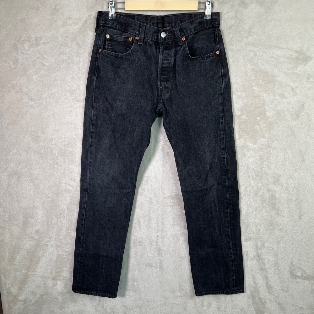 Levis 501 Jeans Mens 32x32 Black Denim Pants Button Fly Dark Wash Faded Work